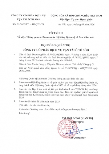 Họp đại hội đồng cổ đông thường niên 2026 công ty Cổ phần dịch vụ vận tải ô tô số 8